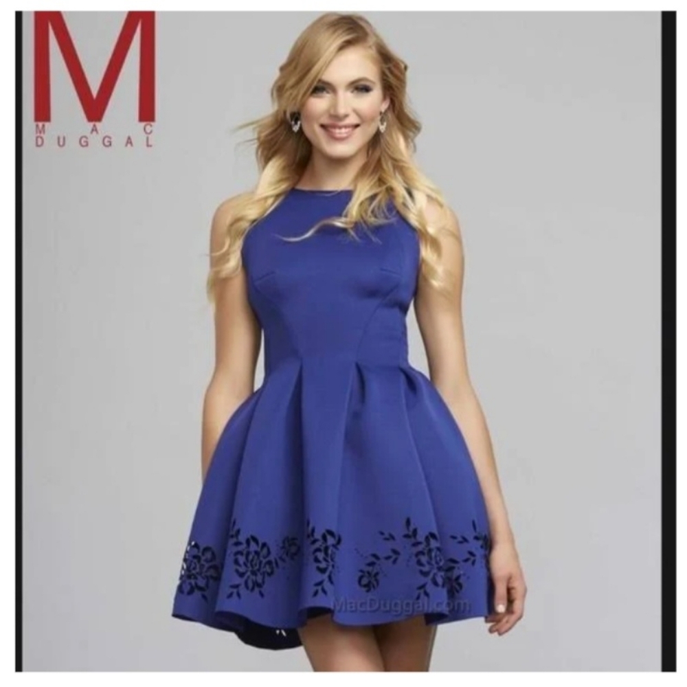 Mac Duggal Laser Cut Cobalt Blue Fit & Flare Dress